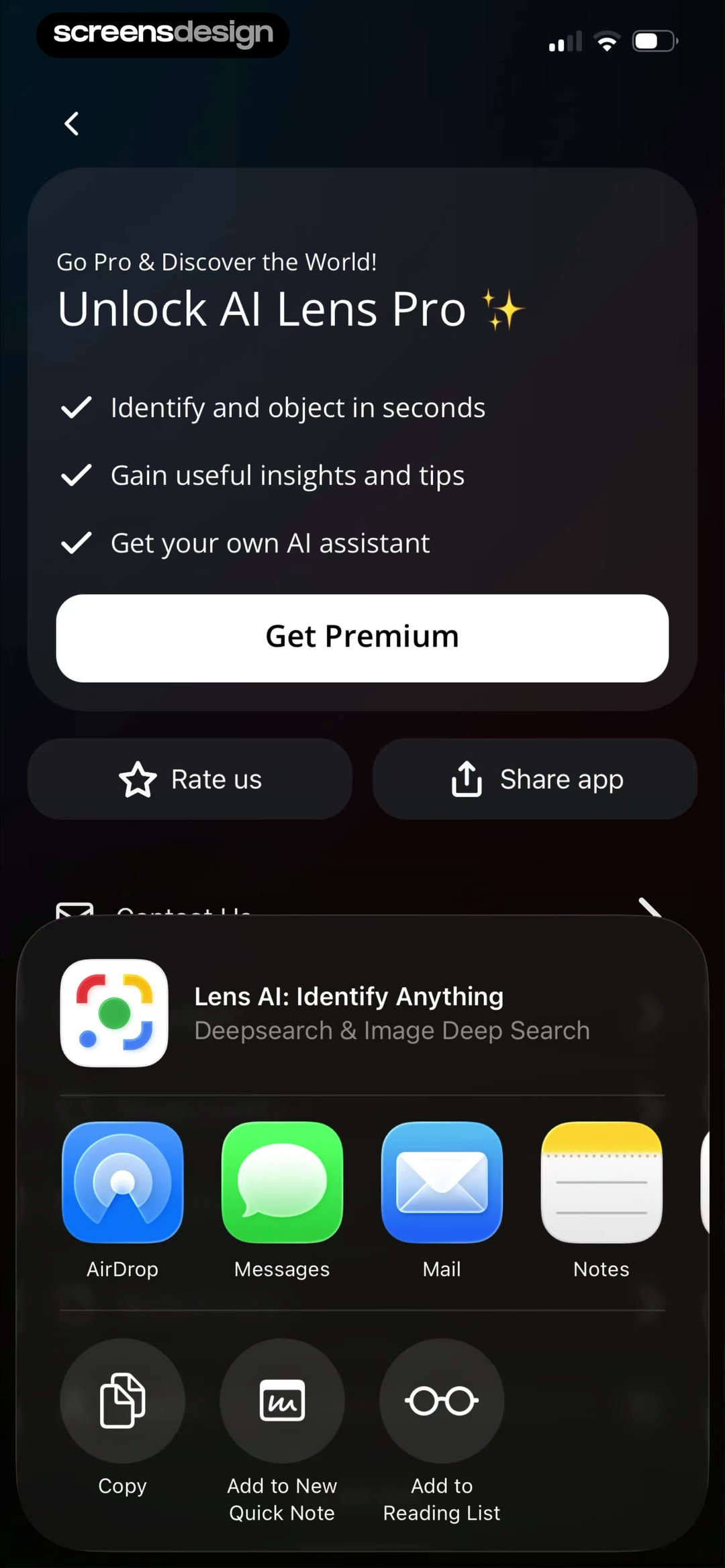 Lens AI screen showing the profile upgrade summarizes identification, insight, and assistant capabilities