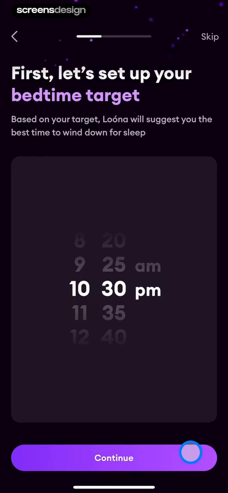 Loóna: Sleep, reduce anxiety screen showing a bedtime target is used to promise a more relevant wind-down suggestion, with Skip visible.