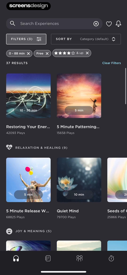Expand search screen with active filters and categorized results