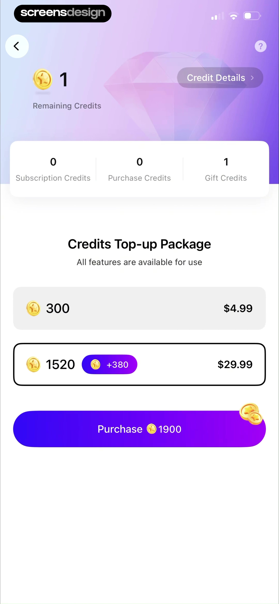 AI Marvels - AI Photo Editor mobile app screen showing Remaining Credits and Credit Details