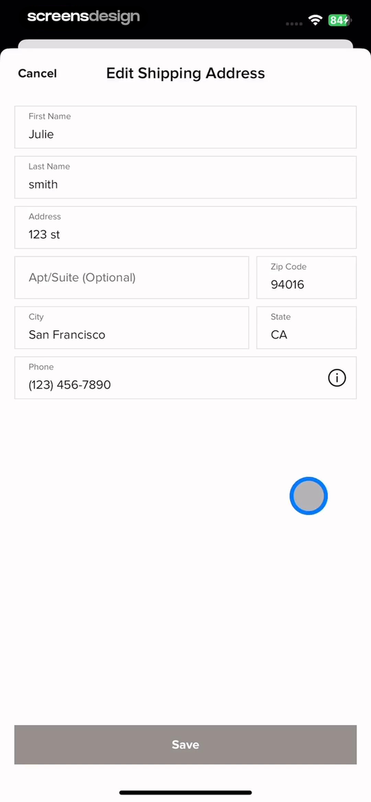 Rent the Runway Edit Shipping Address form with name, address, optional apartment, location, phone fields, Cancel, and Save