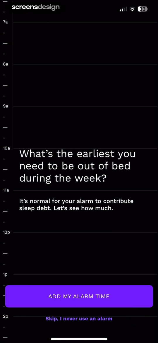 RISE: Sleep Tracker screen showing earliest weekday wake time is captured on an easy-to-scan timeline for sleep-debt calculation.