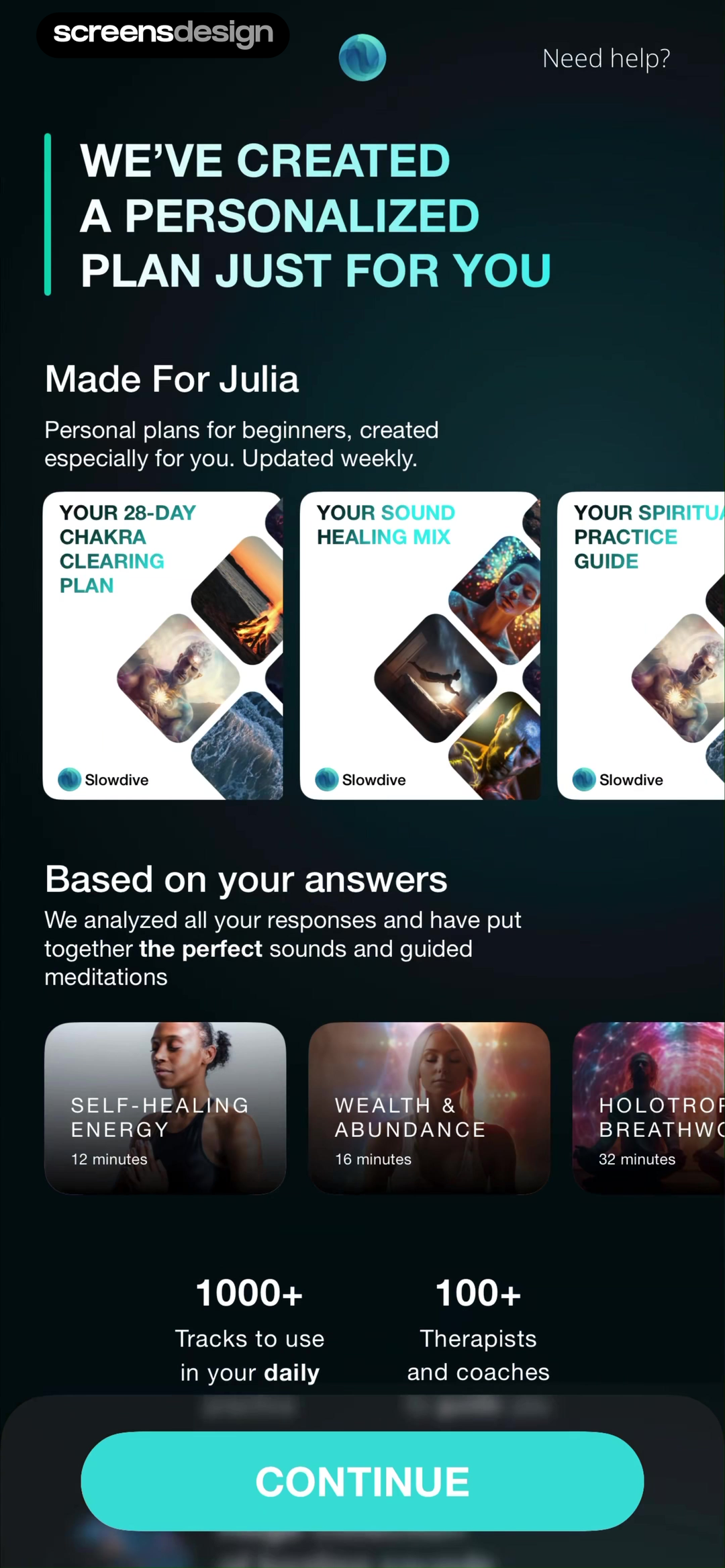 Slowdive | Meditation & Mantra screen showing answers are translated into a named 28-day plan, sound-healing mix, and spiritual-practice guide.