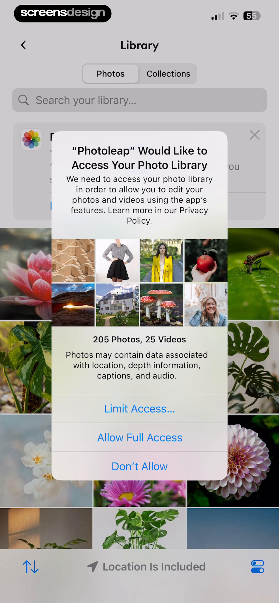 Photoleap iOS photo library permission dialog with limited and full access choices