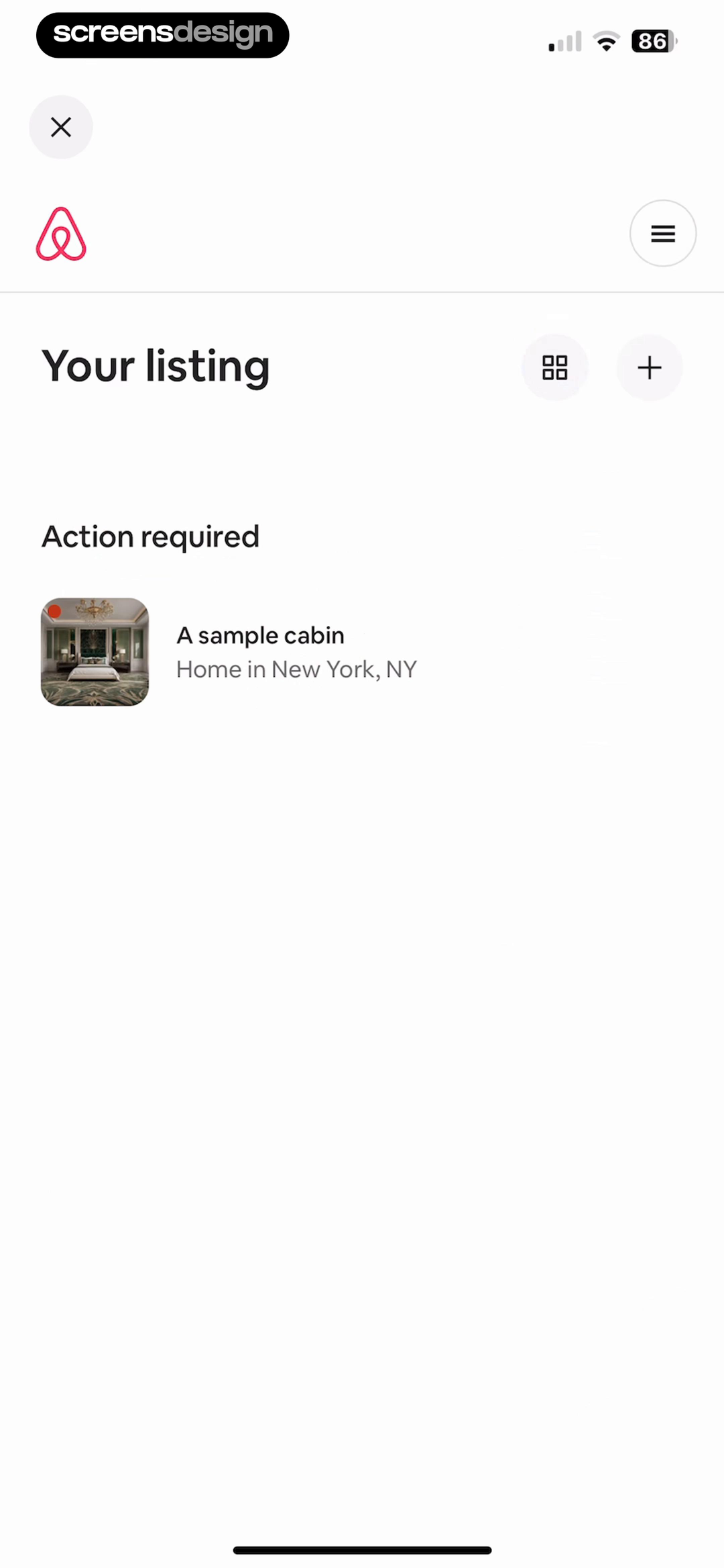Airbnb host listing dashboard with one sample cabin under an Action required heading