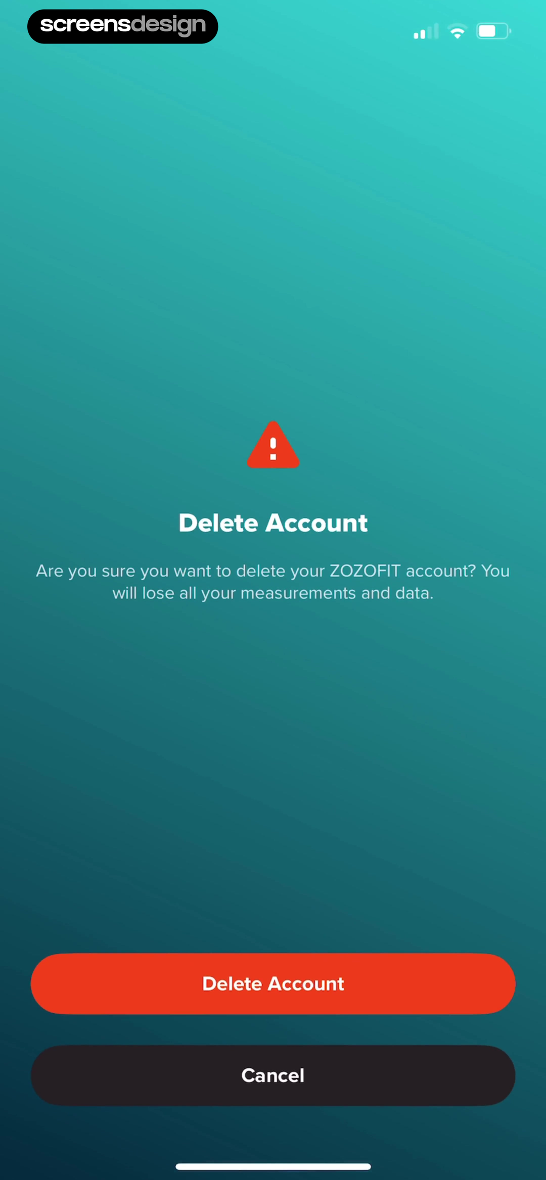 ZOZOFIT screen showing the warning identifies measurements and data as the records lost with the account