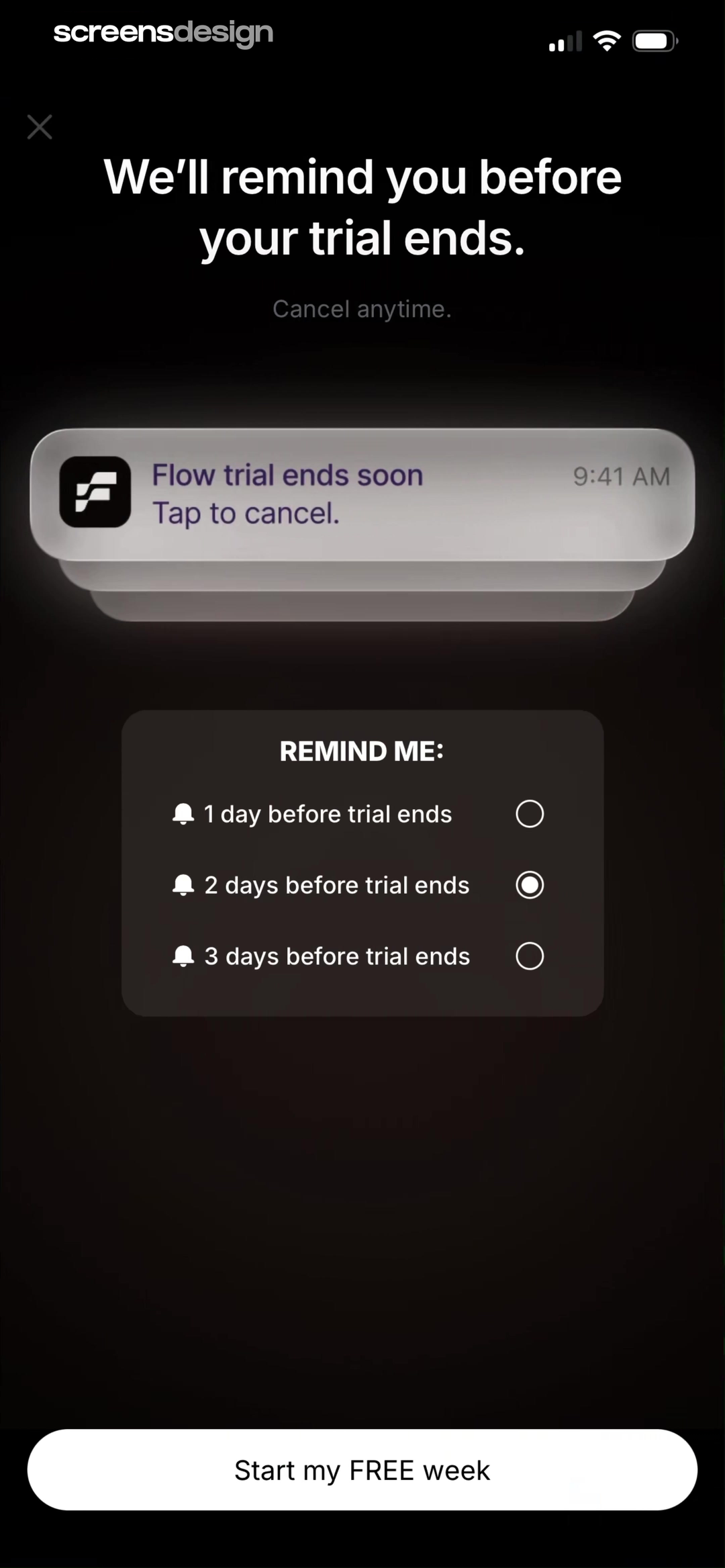 Flow screen showing the user can choose a reminder one, two, or three days before the free week ends
