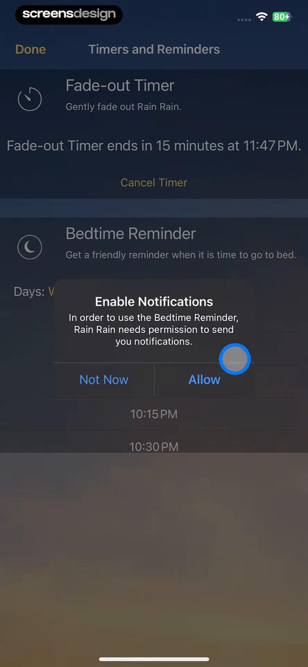 Rain Rain Sleep Sounds screen showing bedtime reminders and a live fade-out timer give Enable Notifications a concrete context