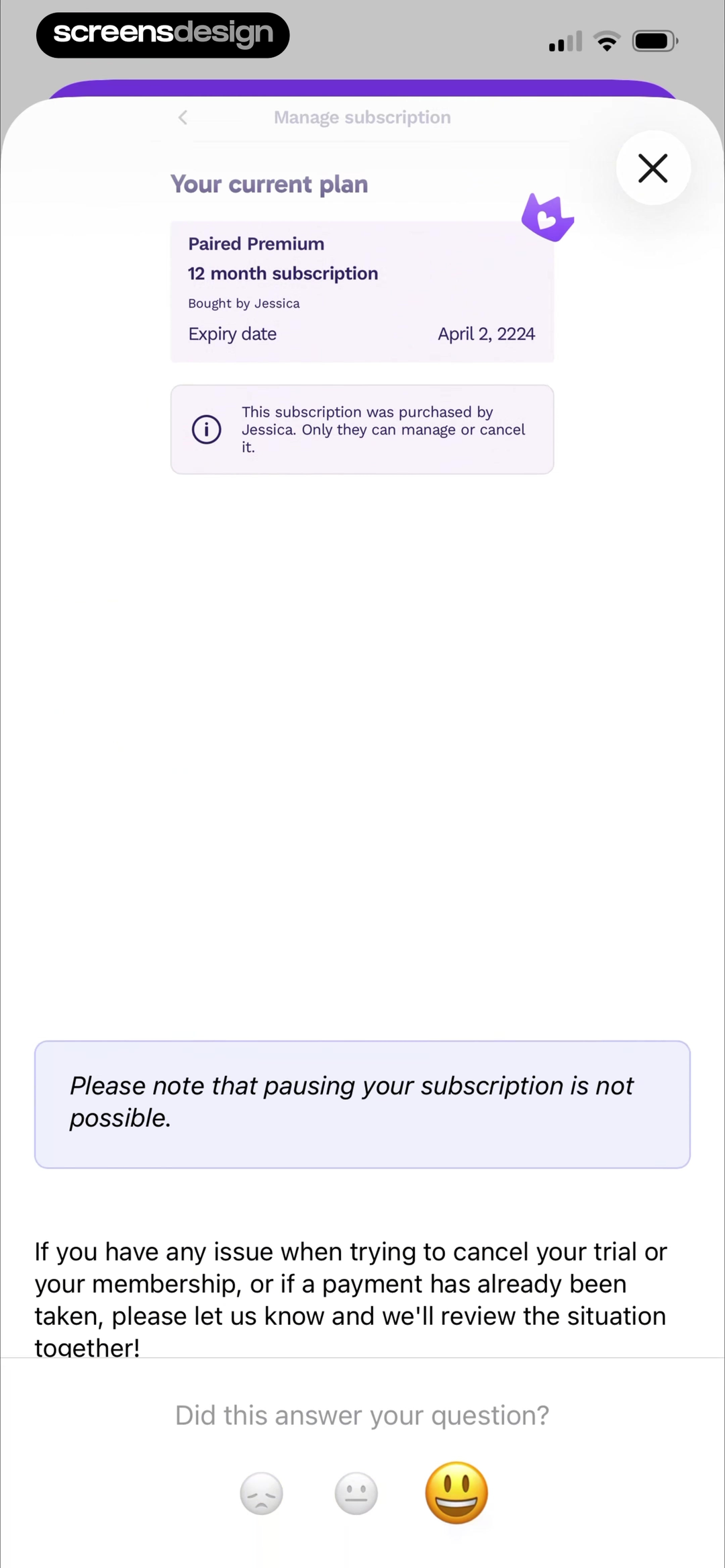 Paired: Couples & Relationship screen showing the subscription help state clearly says pausing is unavailable and identifies who can manage the shared purchase.