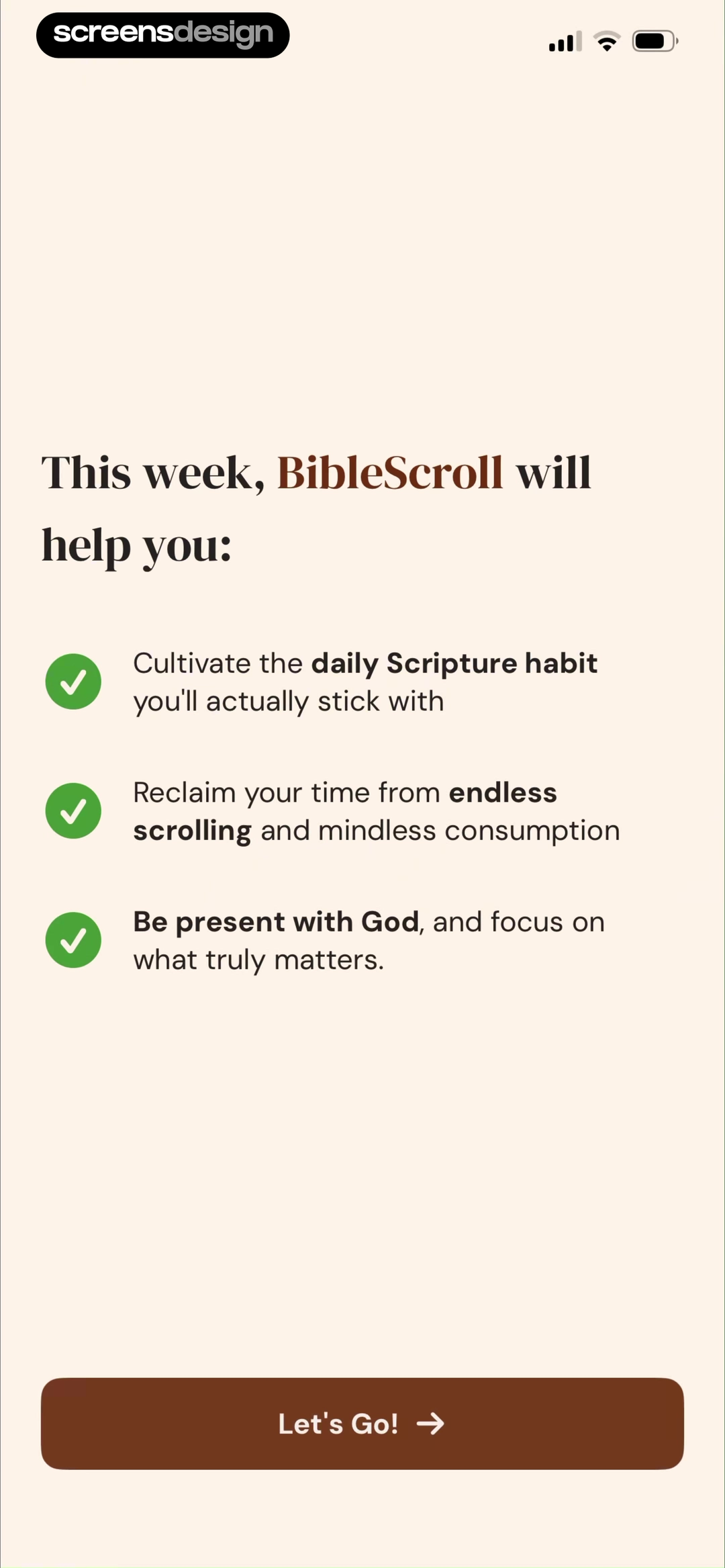 BibleScroll onboarding summary with three weekly outcomes