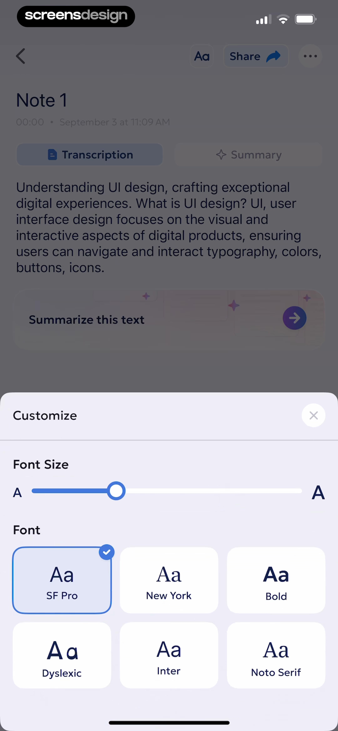 AI Summary note screen with a Customize sheet for font size and SF Pro, New York, Bold, Dyslexic, Inter, and Noto Serif options