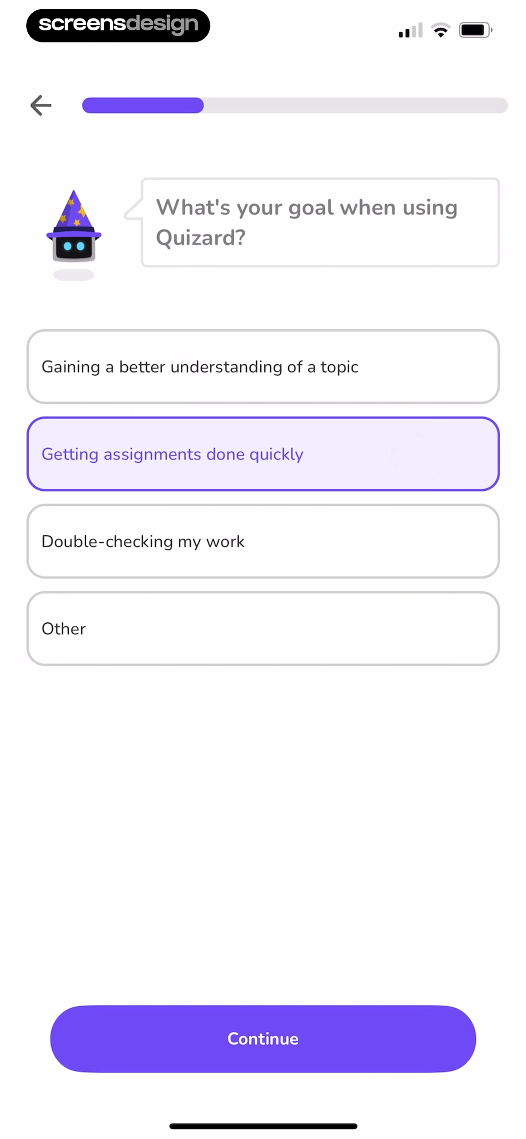 Quizard AI onboarding screen asking the user's goal with understanding, speed, checking, and Other choices