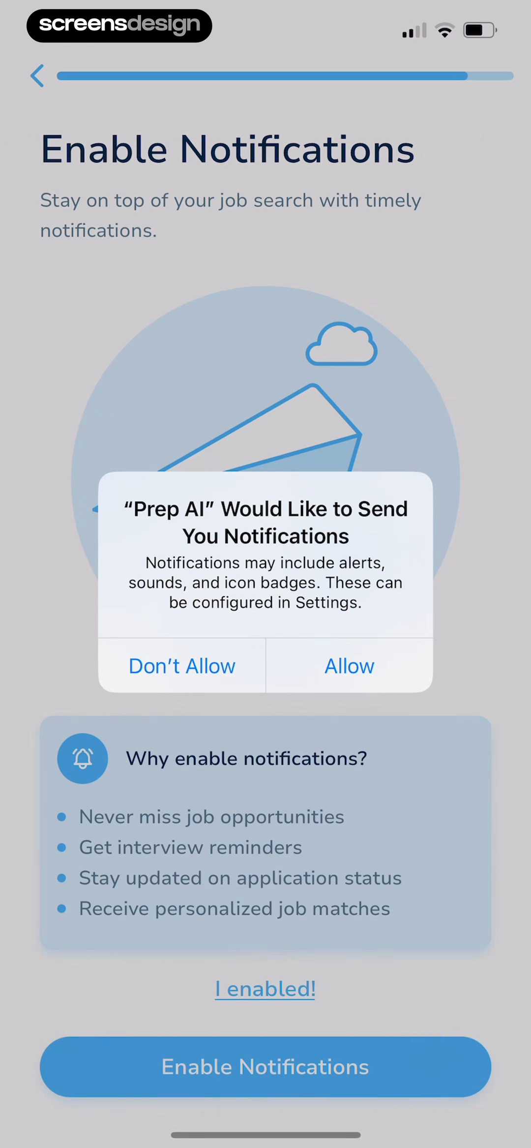 Sprout screen showing job opportunities, interview reminders, and application-status alerts are explained before permission
