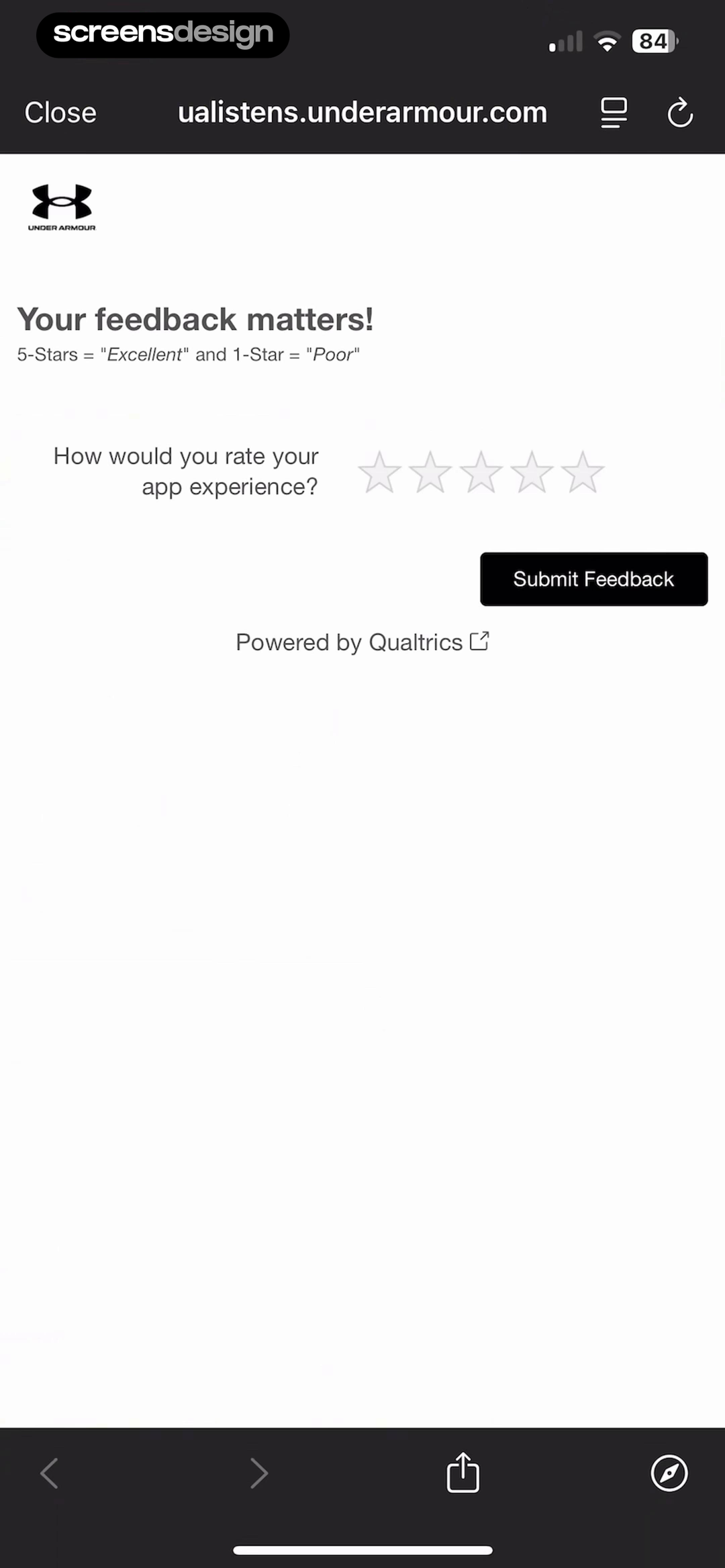 Under Armour screen showing the app-experience prompt explains that five stars means excellent and one star means poor.