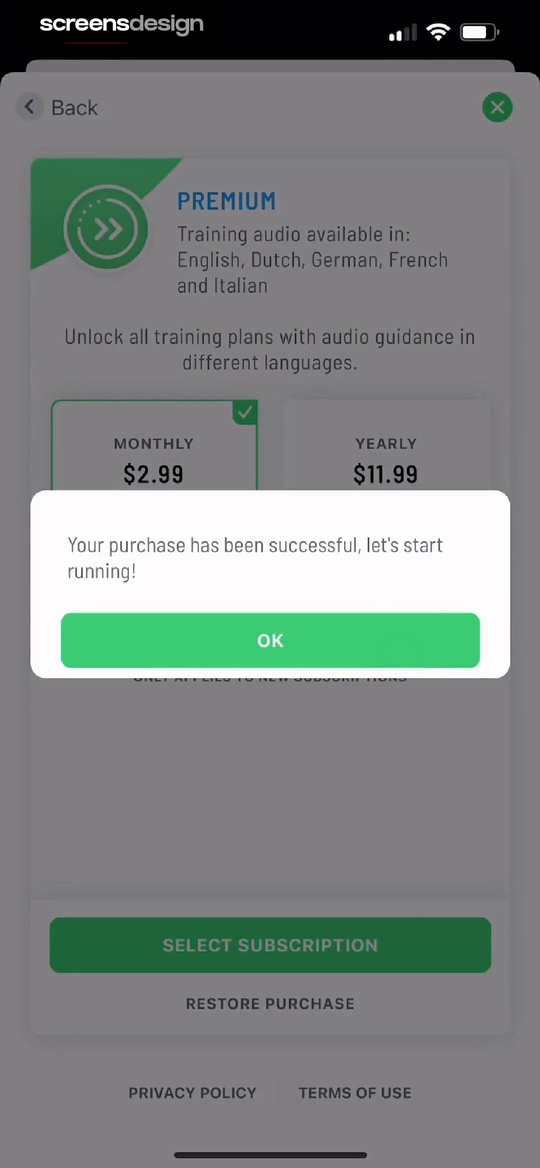 Start 2 Run mobile app screen showing Training audio available in: and English, Dutch, German, French and Italian