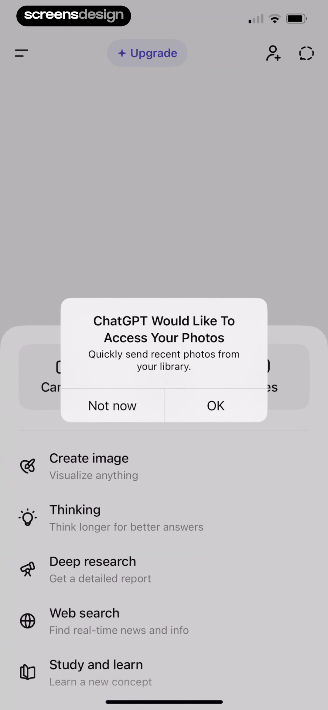 ChatGPT photo permission pre-prompt over the main assistant interface