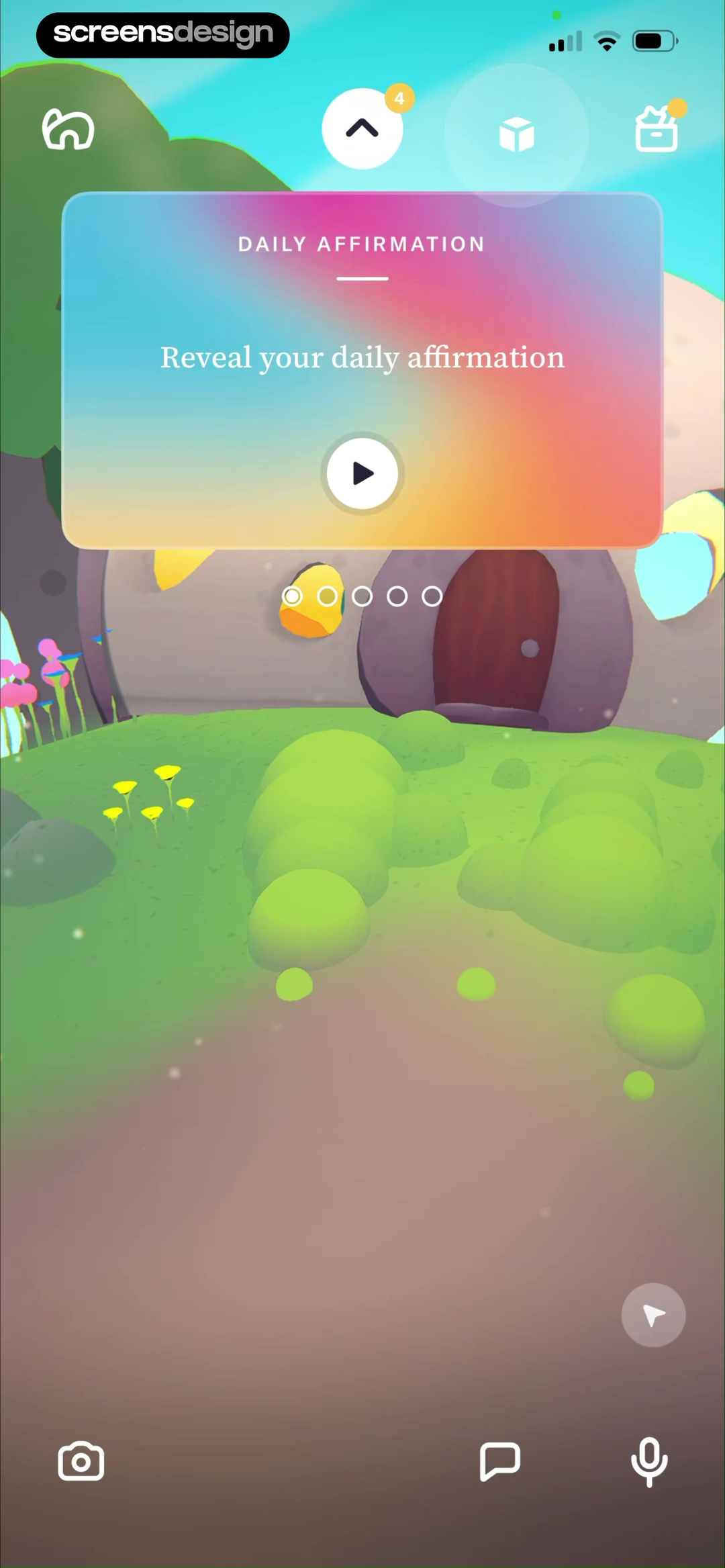 Tolan home screen placing a daily affirmation card inside a colorful illustrated world