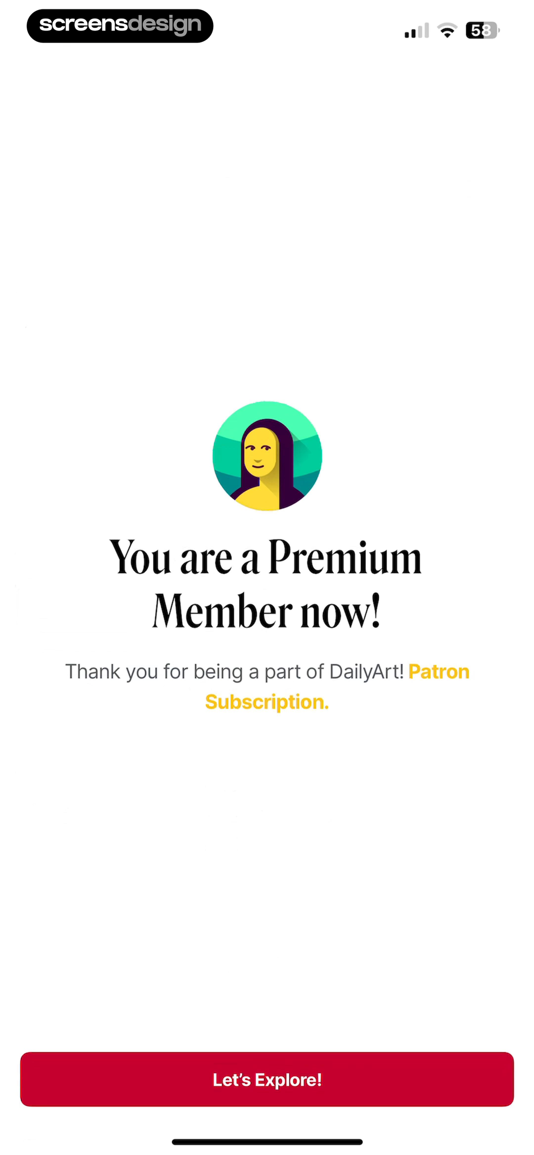 DailyArt mobile app screen showing You are a Premium Member now! and Thank you for being a part of DailyArt!