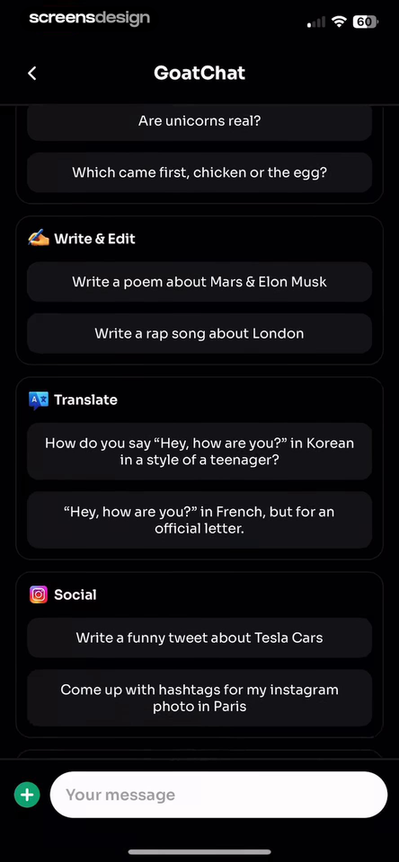 GoatChat prompt starter screen with writing, translation, and social examples