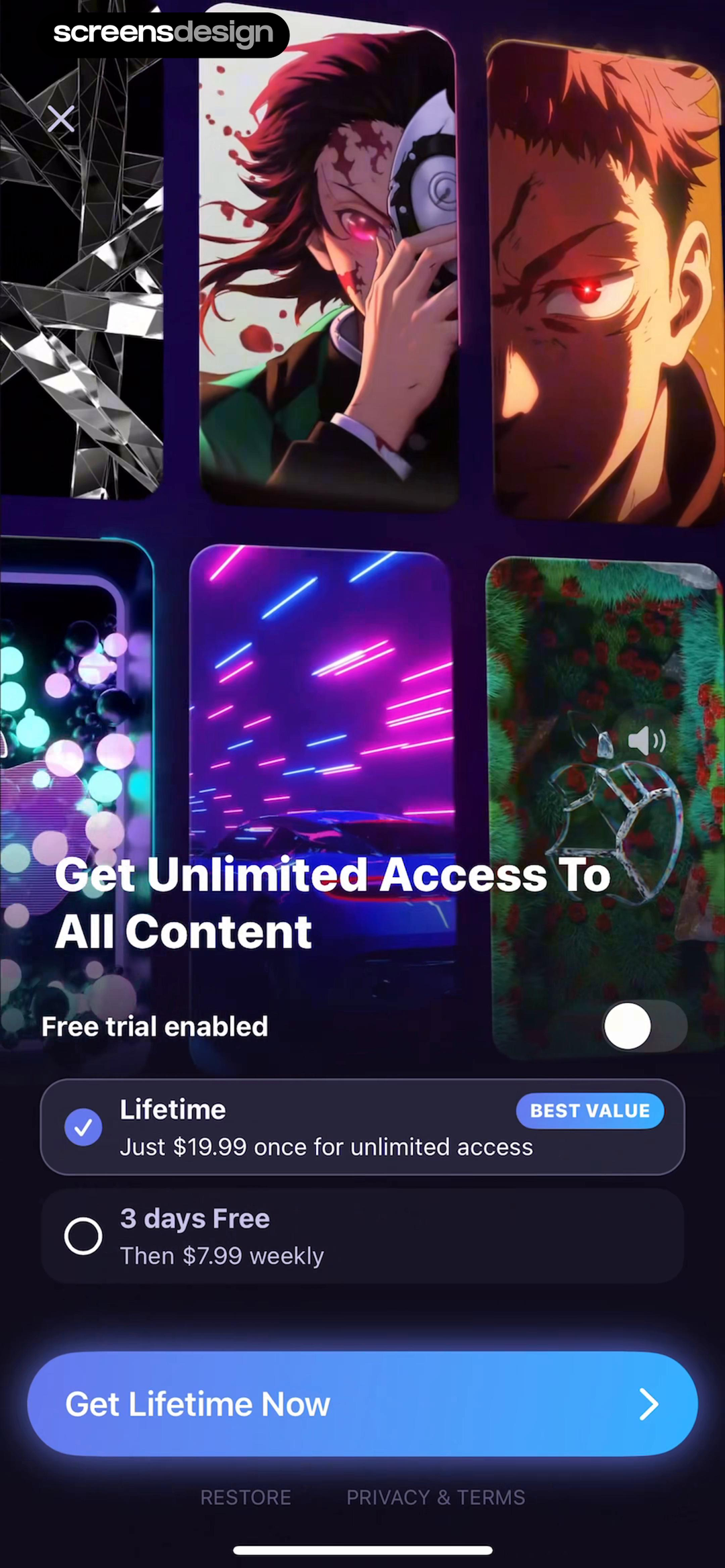 Fleeky - Wallpapers & Theme mobile app screen showing Get Unlimited Access To All Content and Free trial enabled