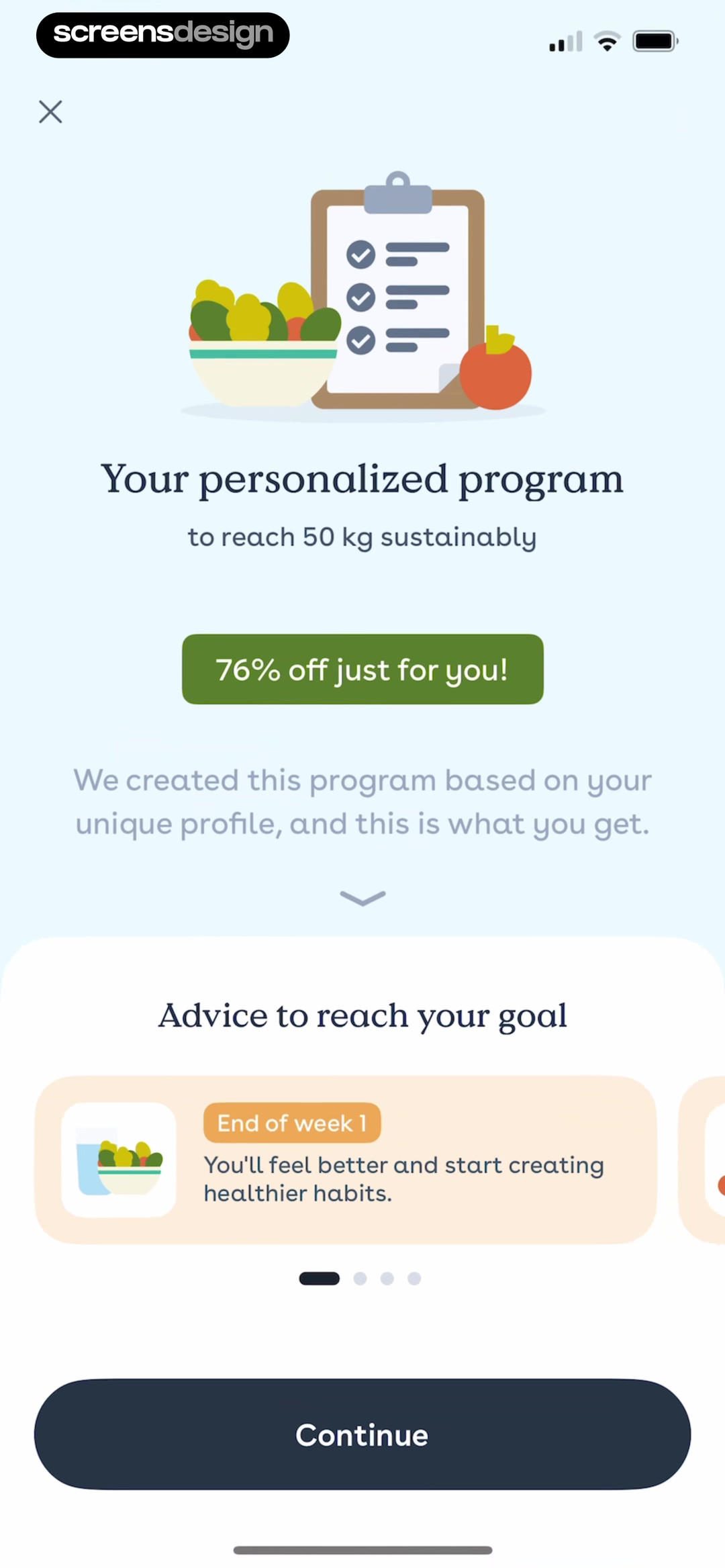 Foodvisor personalized program screen with weight goal advice preview and discount badge