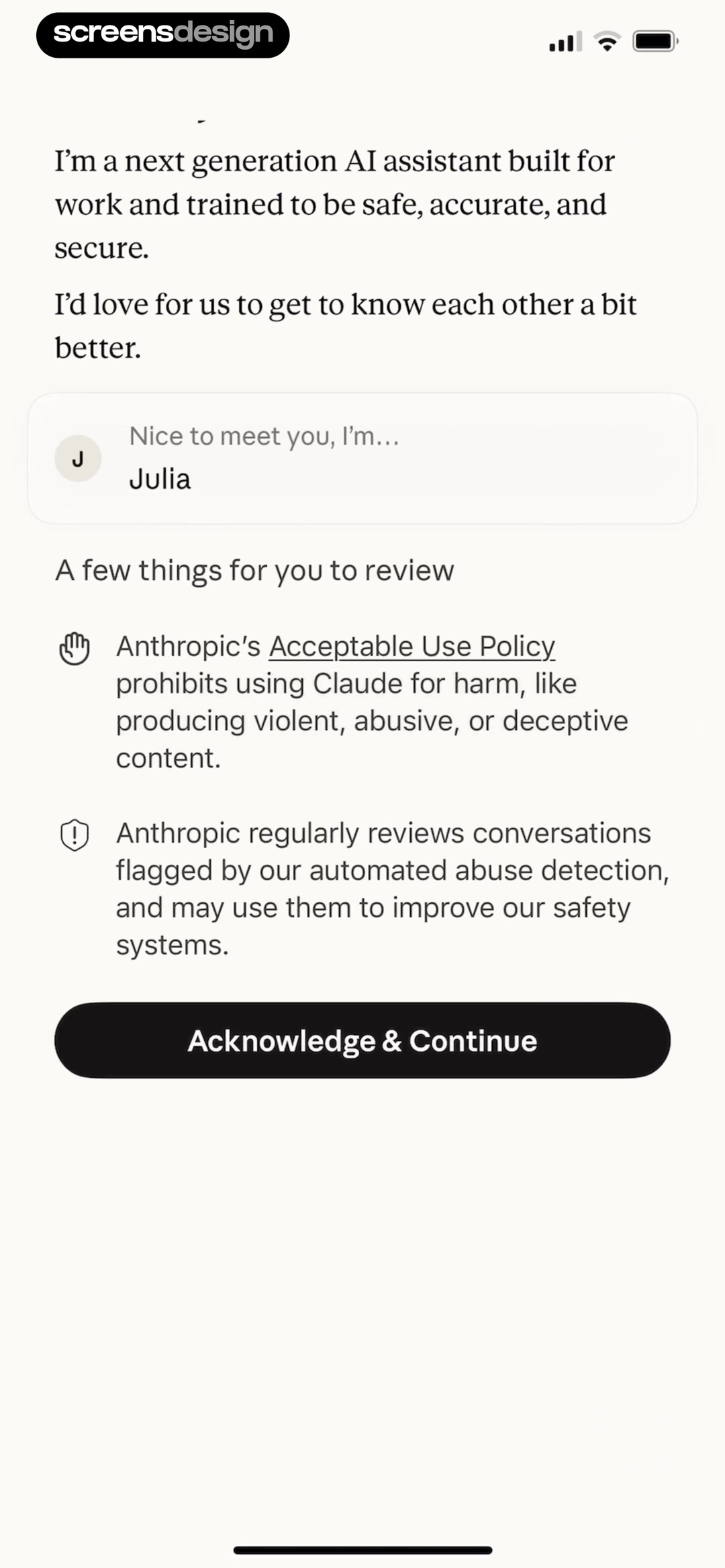 Claude onboarding with assistant introduction and safety policy