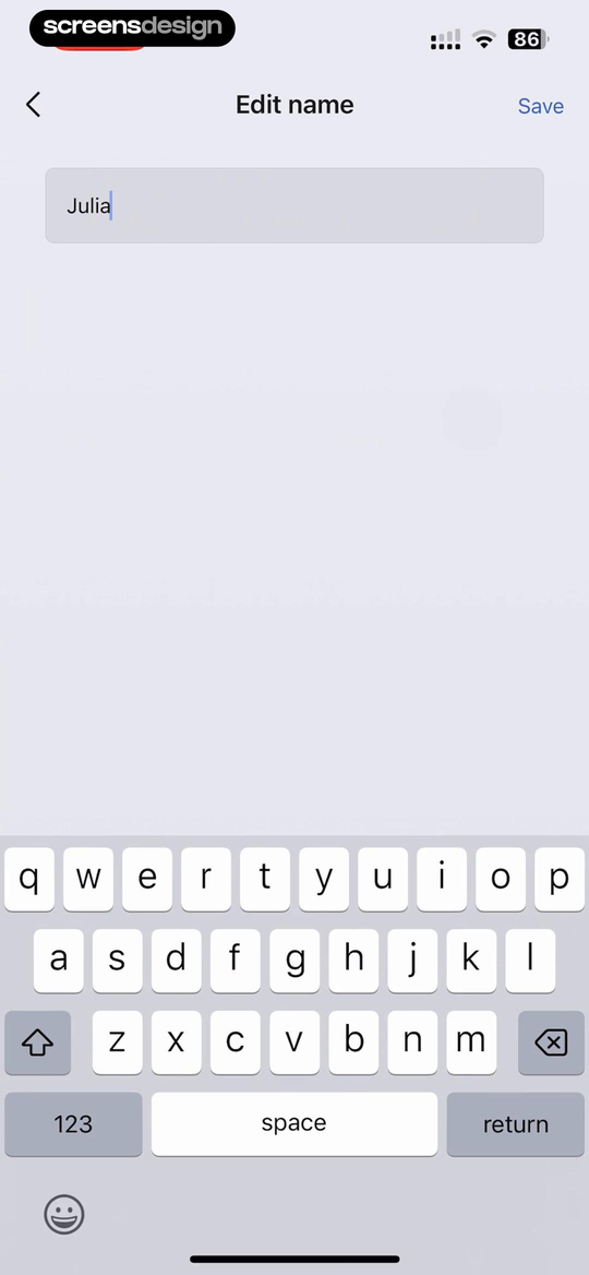 Zepp Edit name screen with back navigation, a Save action, focused text field, and the iOS keyboard