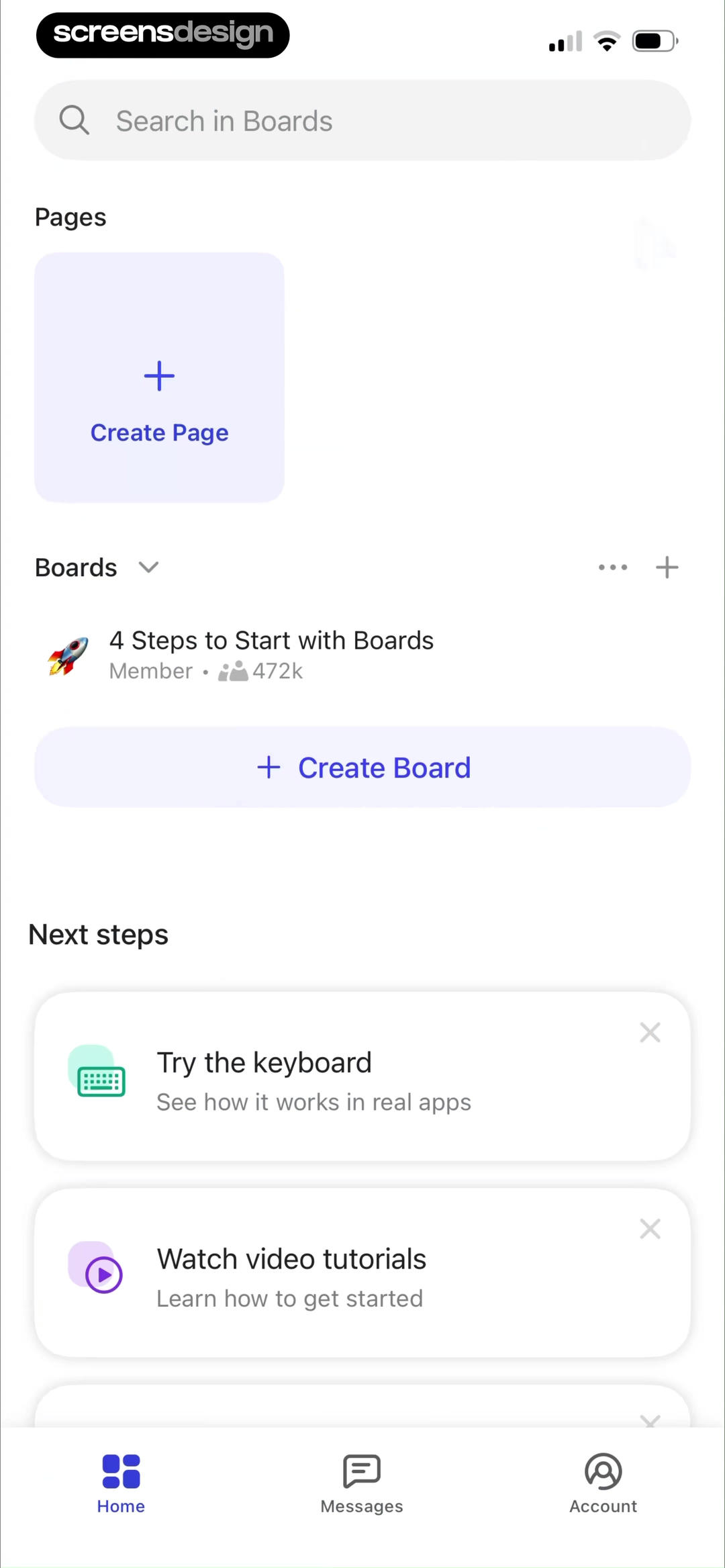 Boards.com home screen combining content creation and next steps