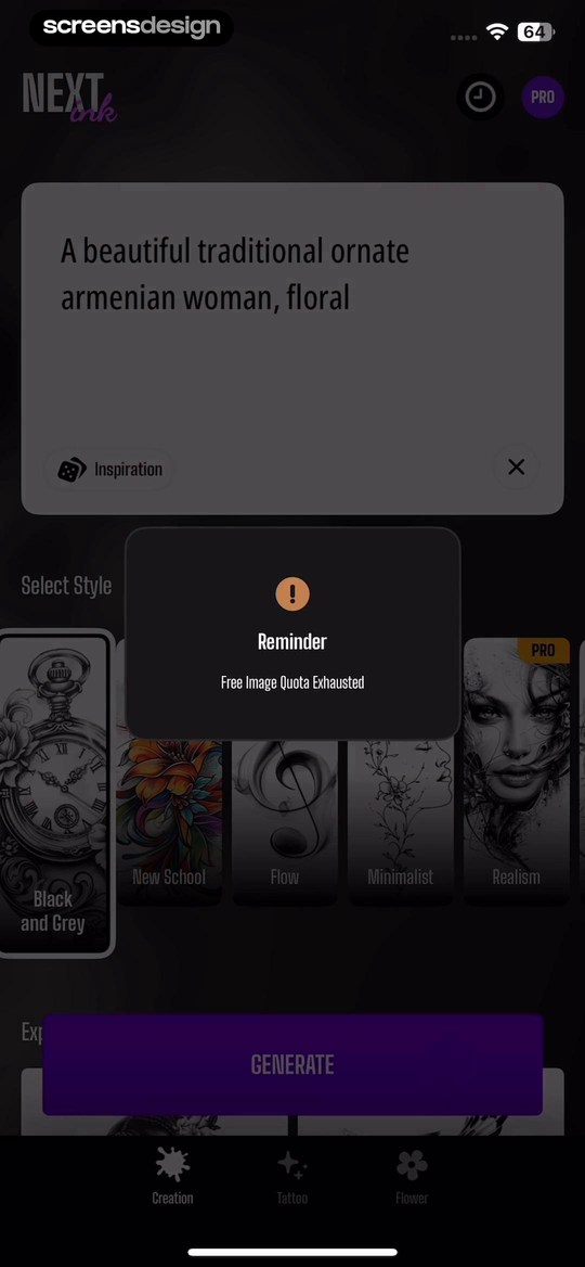 Next Ink: AI Tattoo Design mobile app screen showing NEXT ink and A beautiful traditional ornate armenian woman, floral