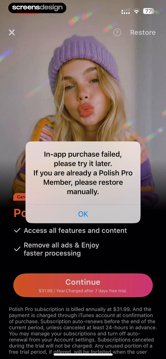 Polish - AI Photo Editor screen showing the message separates a failed new purchase from an existing member who should use Restore.