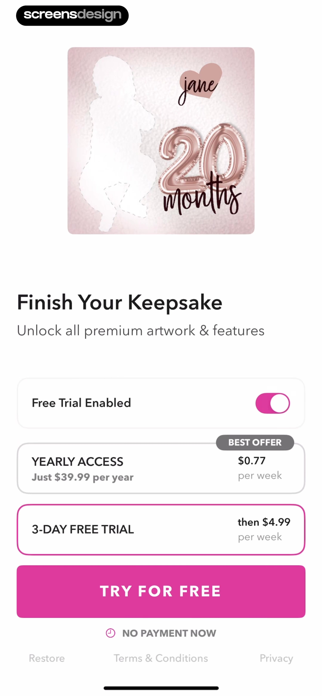 Precious subscription offer with enabled free trial and plan prices