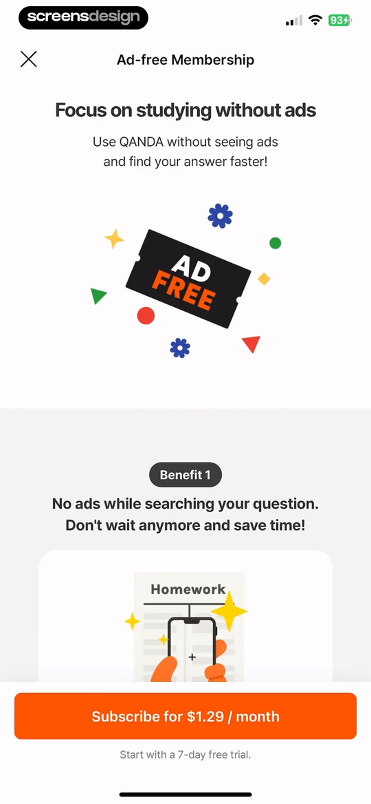 QANDA: AI Math & Study Helper mobile app screen showing Ad-free Membership and Focus on studying without ads