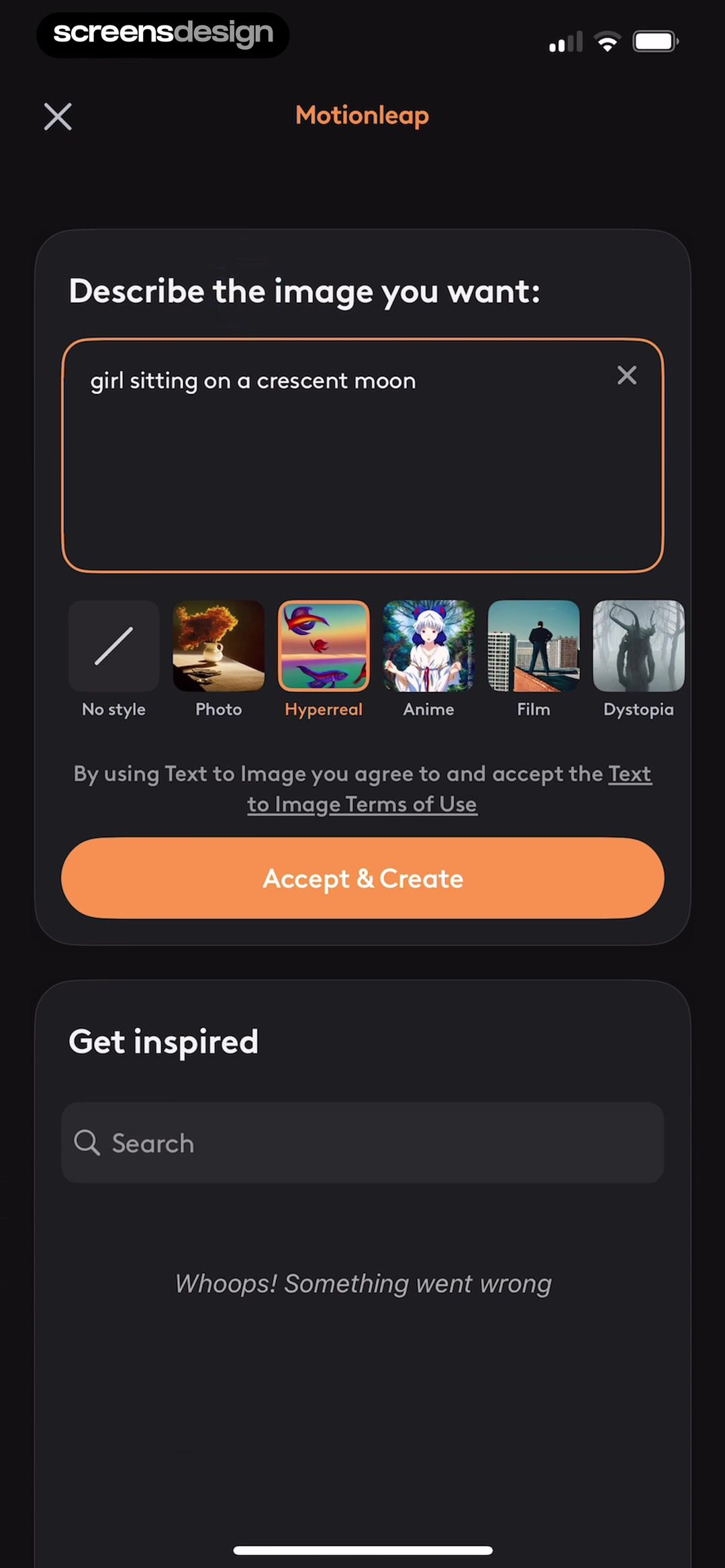 Motionleap text-to-image editor with a crescent moon prompt, style presets, and Accept and Create