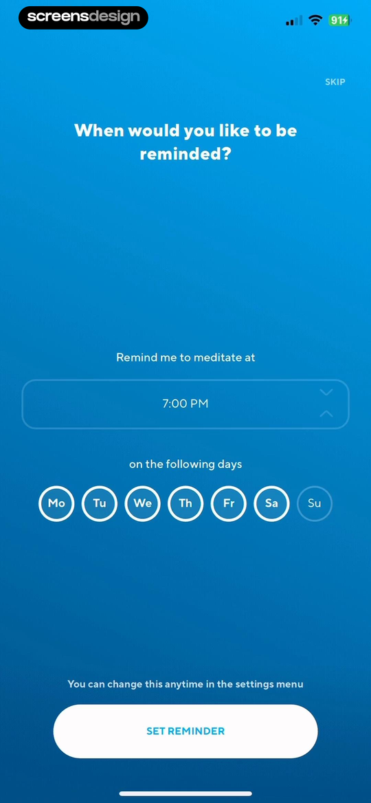 The Mindfulness App screen showing reminder time and weekdays are configured in one step with a clear Skip route.