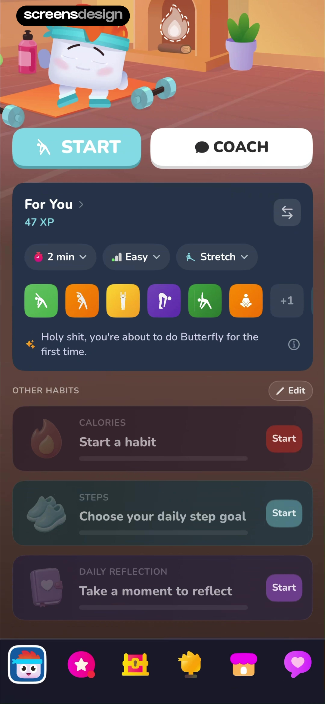 Luvu home screen extending the workout interface with coaching and additional habits