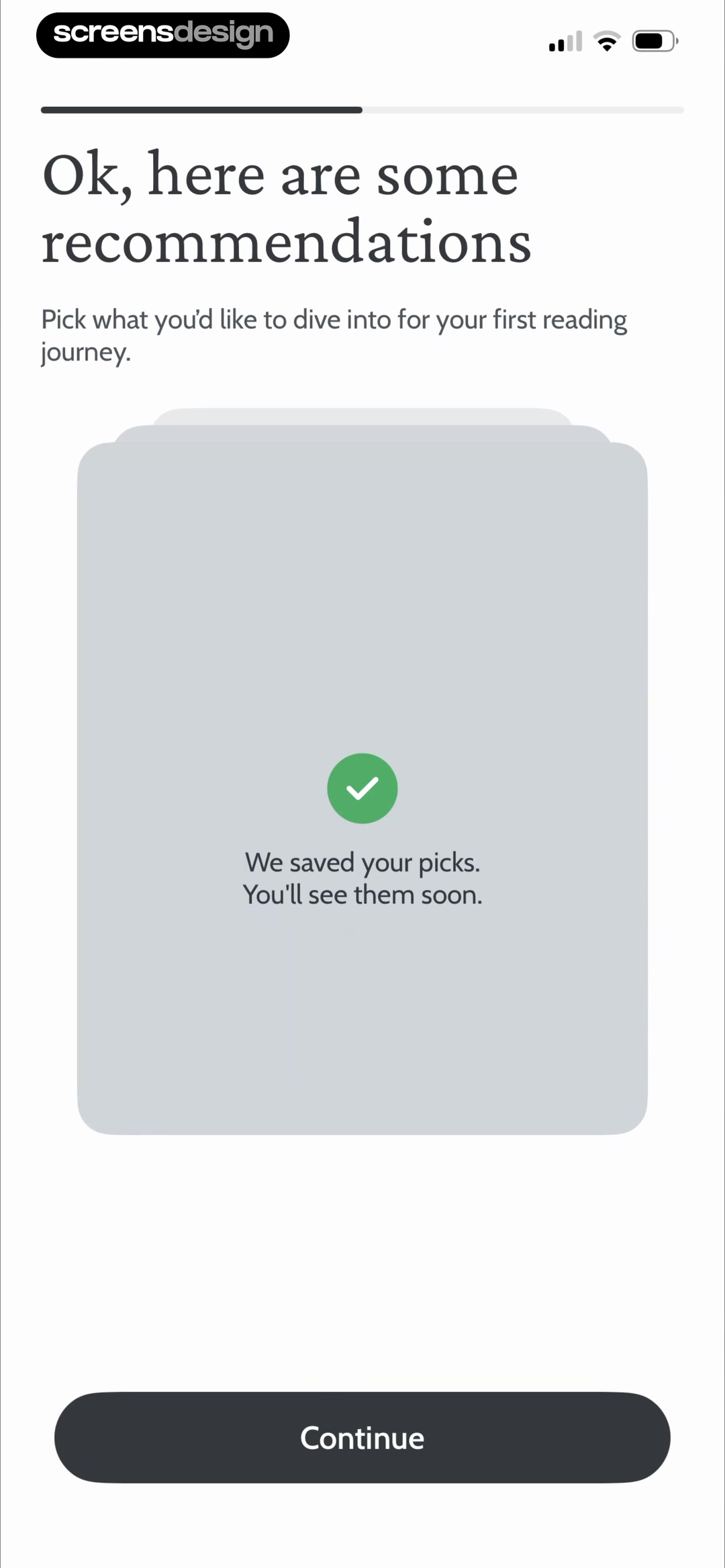 Deepstash onboarding confirmation stating that the user's recommendation picks were saved