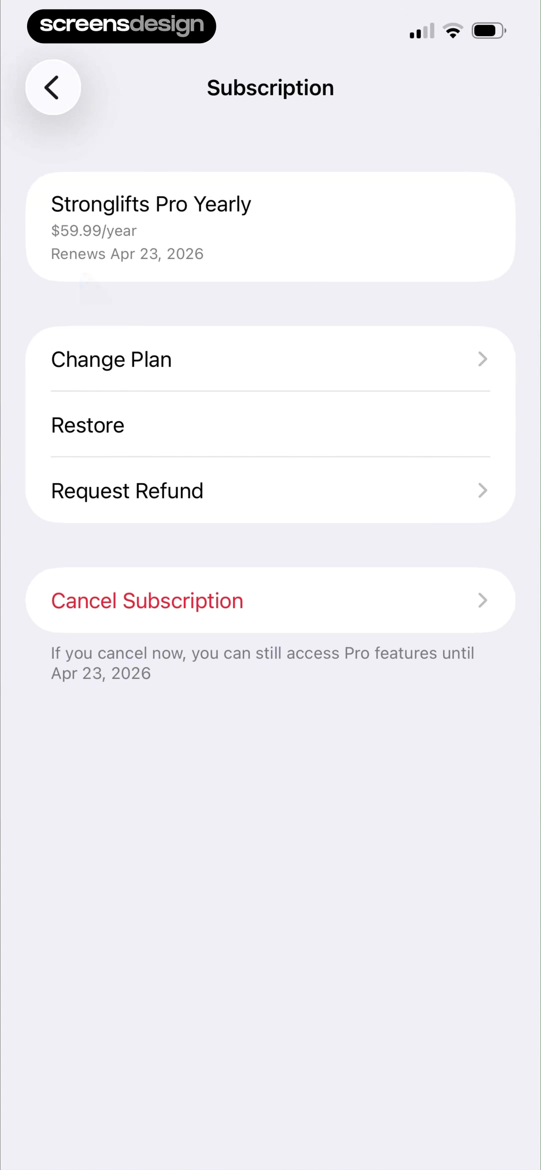Stronglifts 5x5 Workout Plan mobile app screen showing Stronglifts Pro Yearly and Renews Apr 23, 2026