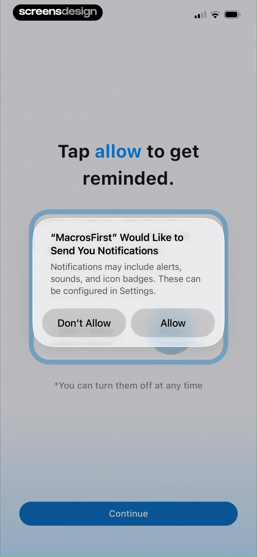 MacrosFirst onboarding with the native iOS notification permission alert, visible Allow and Don't Allow choices, and reminder context