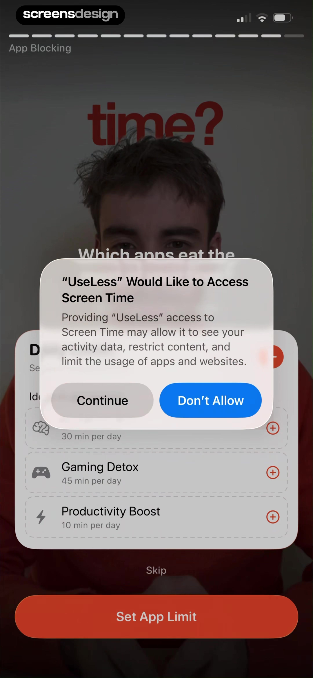Useless app blocking onboarding with deep work gaming and productivity choices