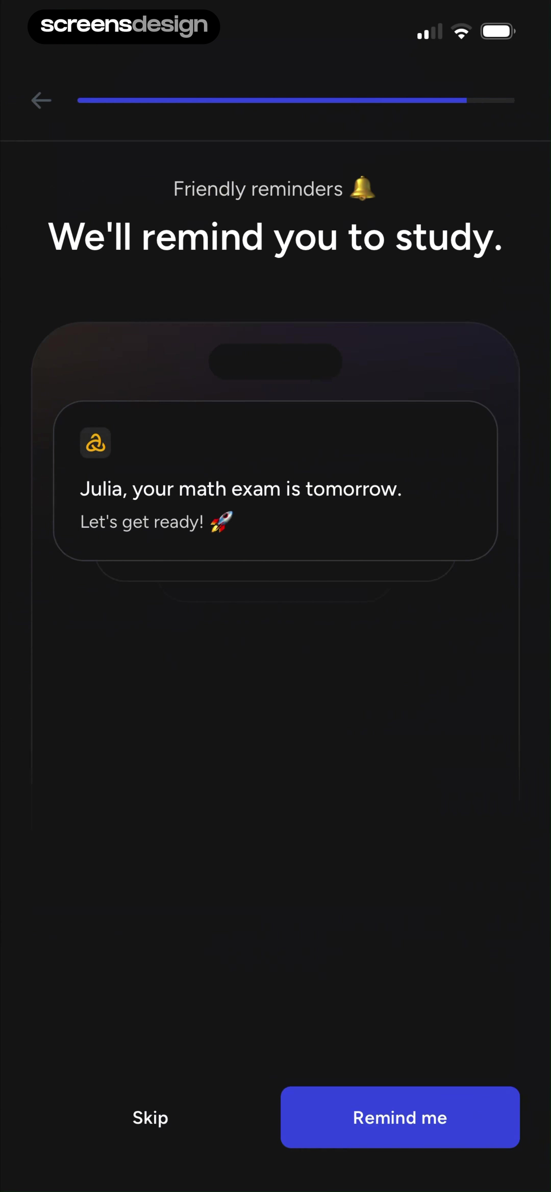 Astra AI pre-permission screen previewing a study notification for an upcoming math exam
