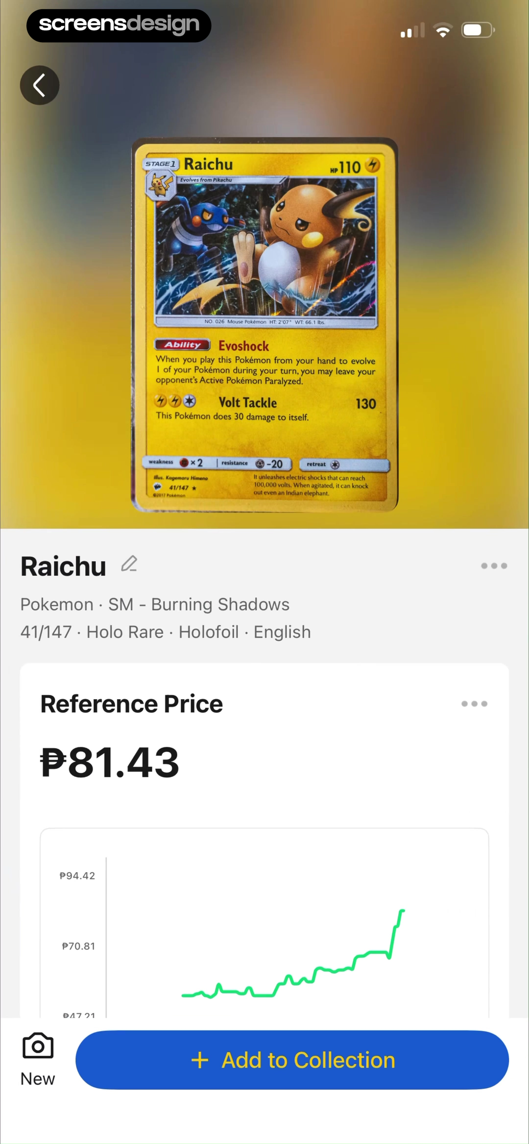 FoilSnap trading card result with metadata reference price and add to collection