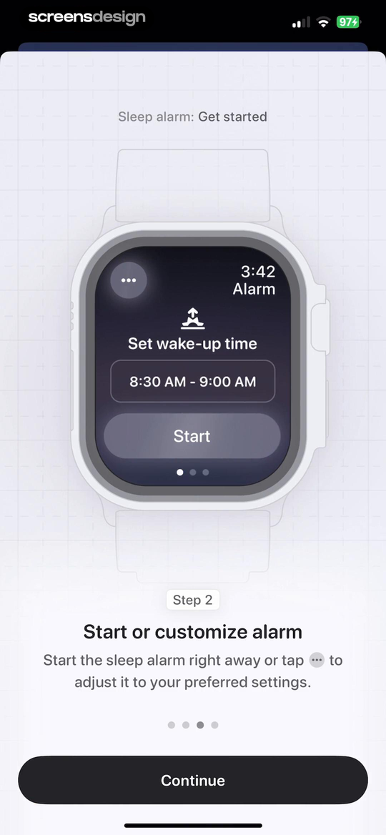 Bevel: AI Health Coach screen showing the proposed wake-up window can start immediately or be customized before the sleep alarm is active.