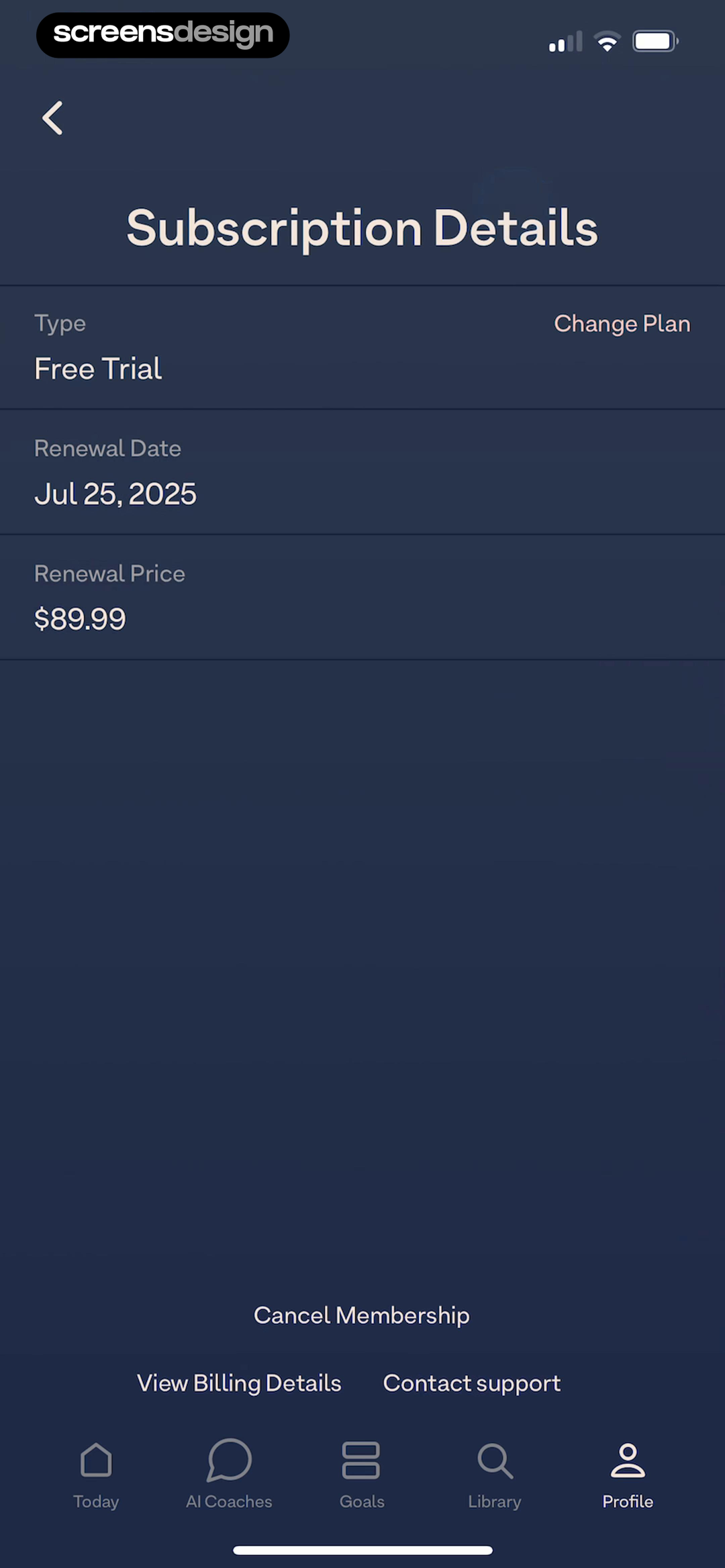 Breethe screen showing free-trial status, renewal date, $89.99 price, plan change, cancellation, and billing details are visible