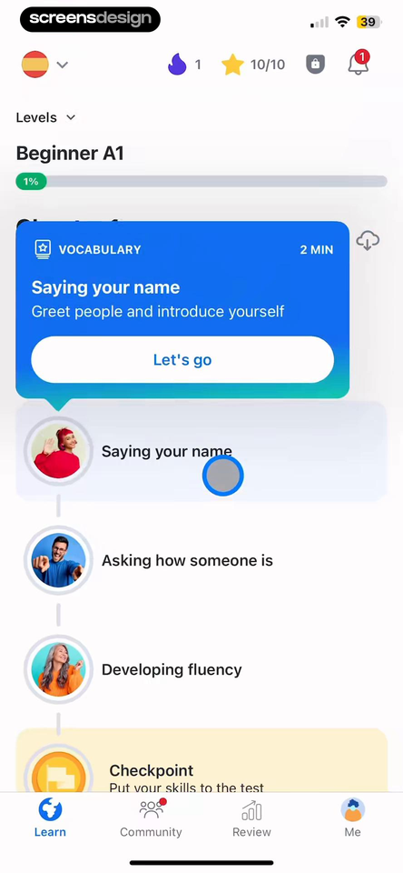 Busuu Beginner A1 course dashboard with next vocabulary lesson and checkpoint