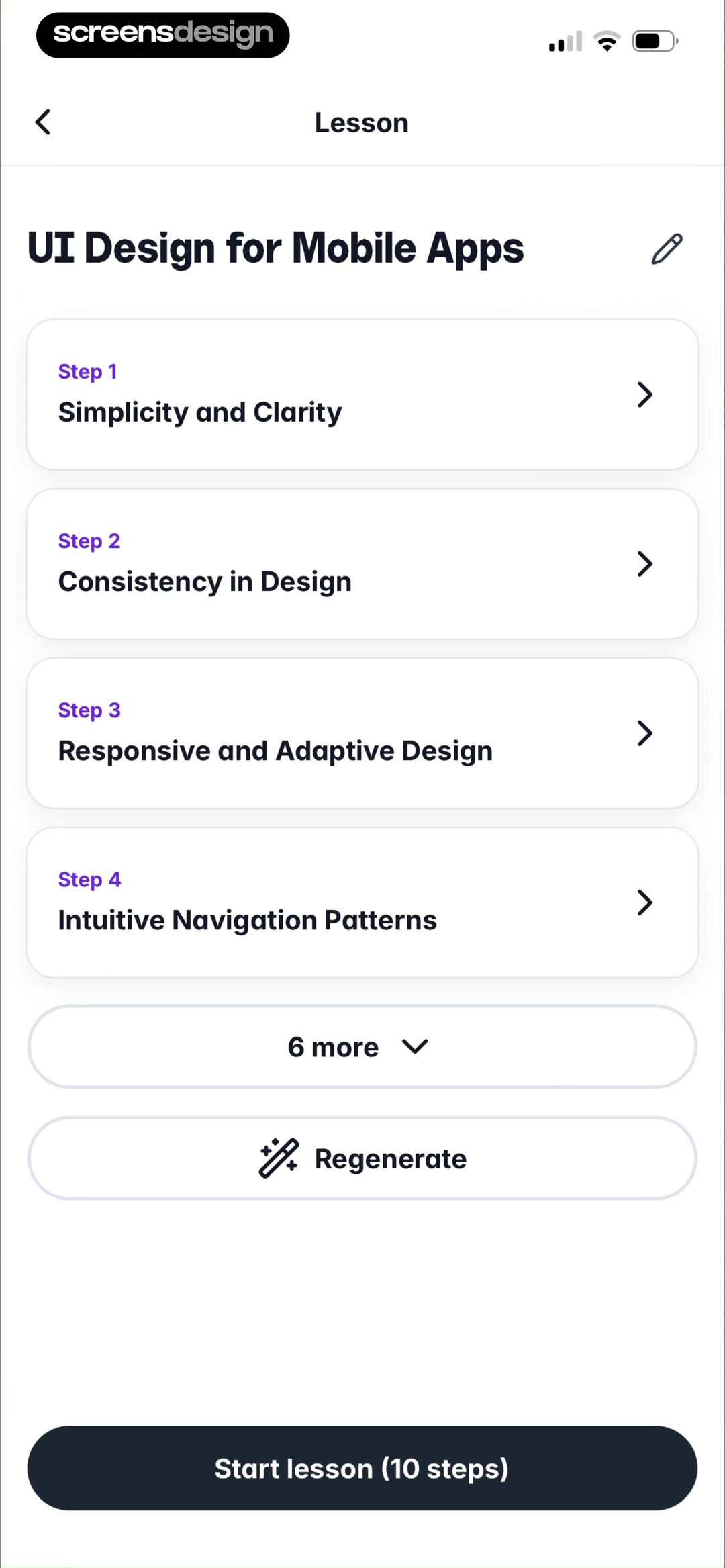 Gizmo lesson overview with four numbered lesson steps, six more, Regenerate, and a fixed Start lesson action