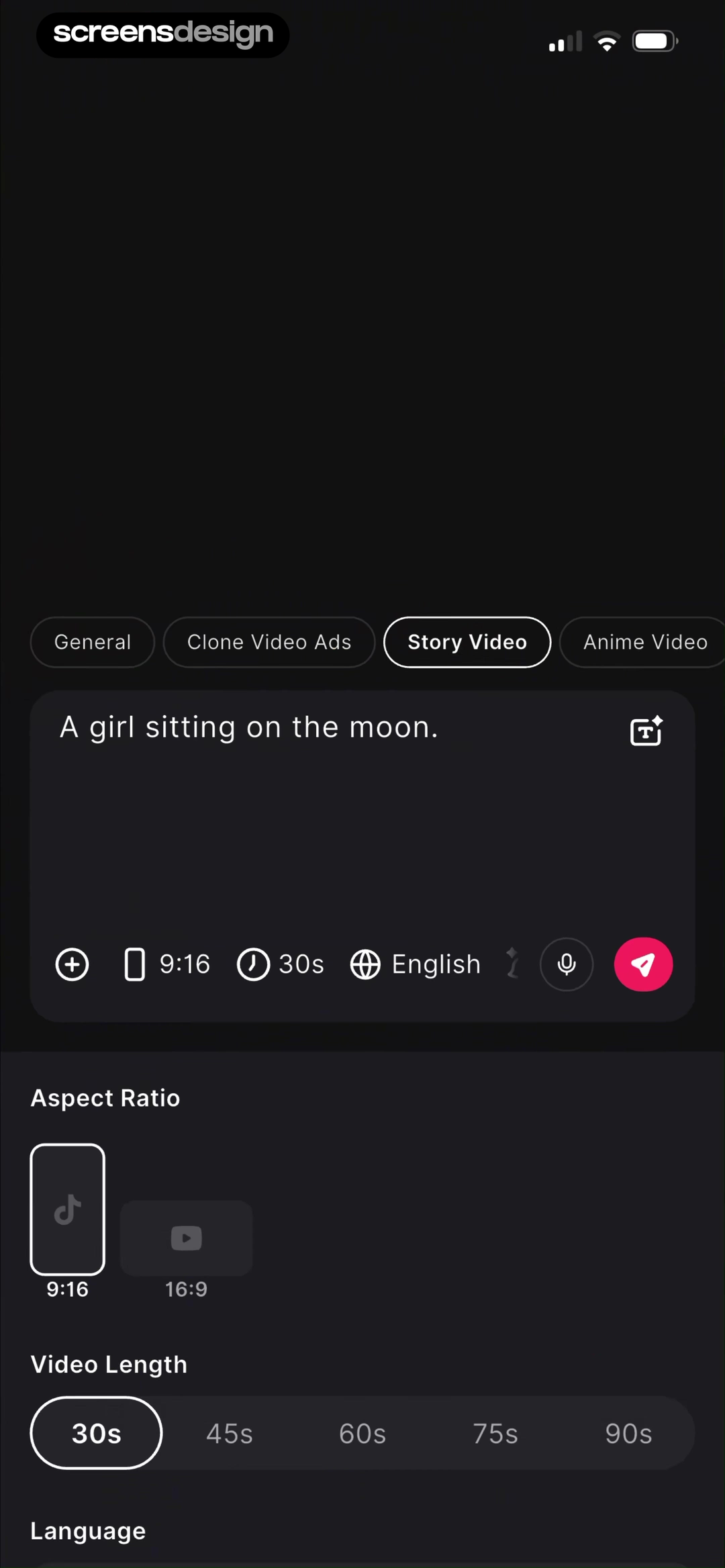Pollo AI story video editor with prompt language aspect ratio and length controls