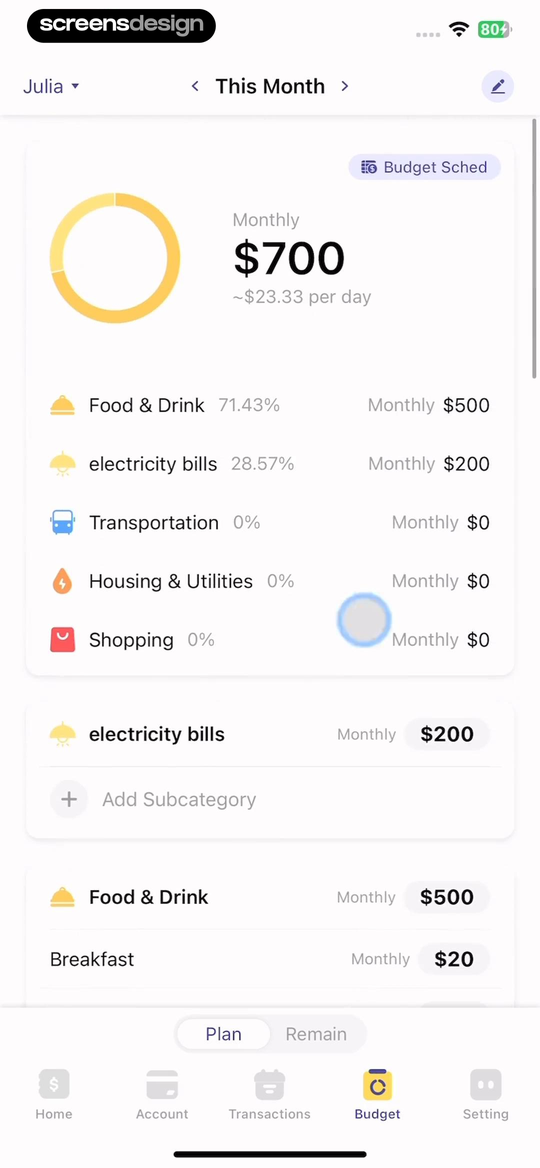 Budget app monthly category budget with daily amount and spending progress