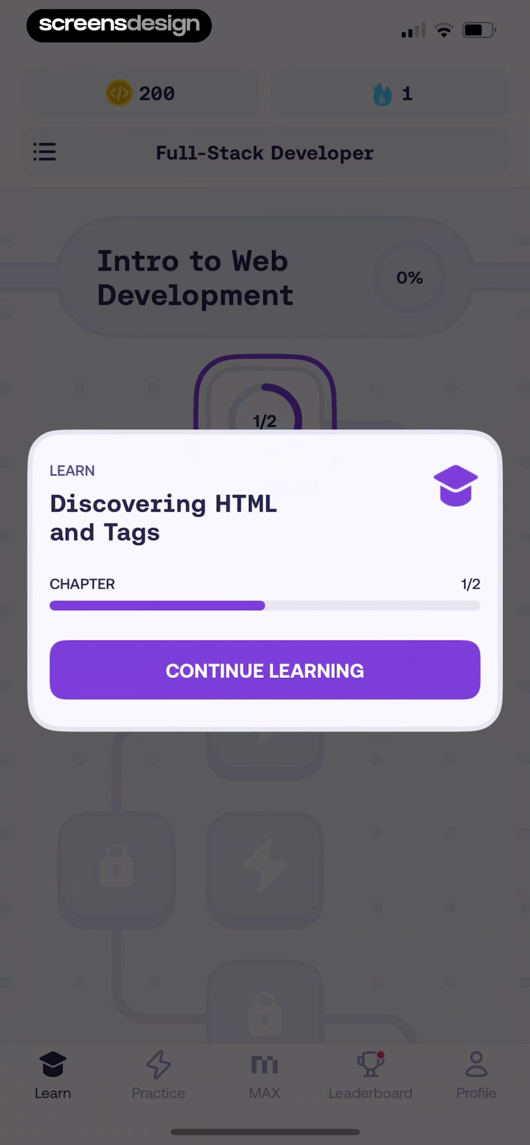 Mimo screen showing course, chapter, progress, and Continue Learning sit inside stable practice and profile navigation