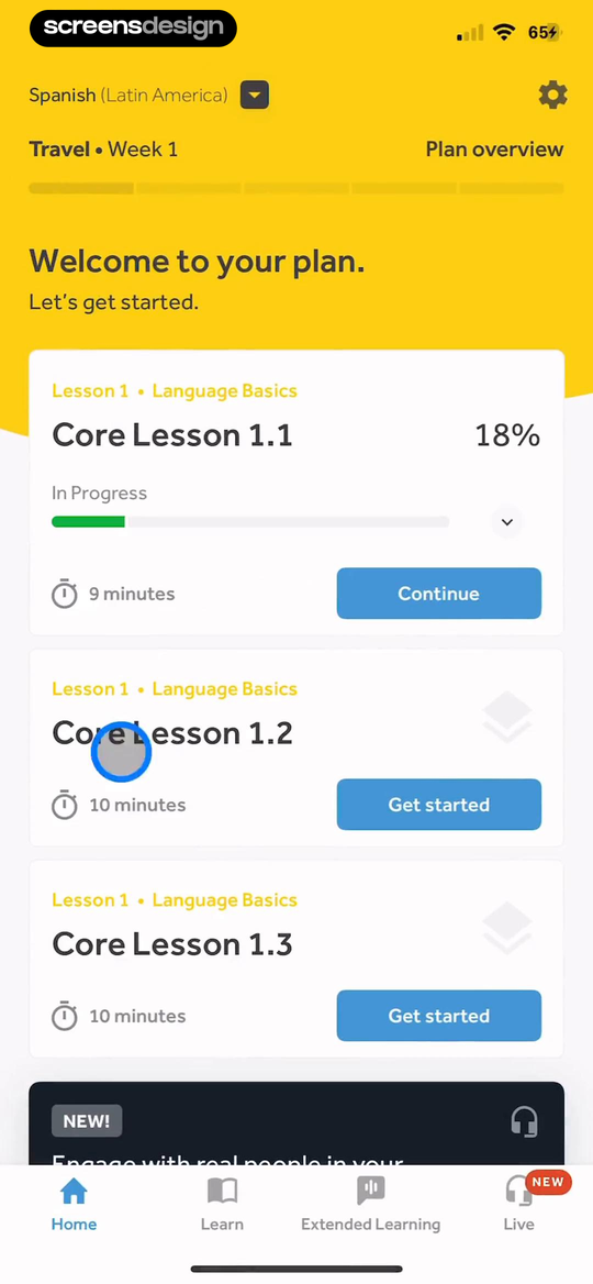 Rosetta Stone Classic (2024) screen showing the in-progress Core Lesson shows eighteen percent, nine minutes, and a direct Continue action