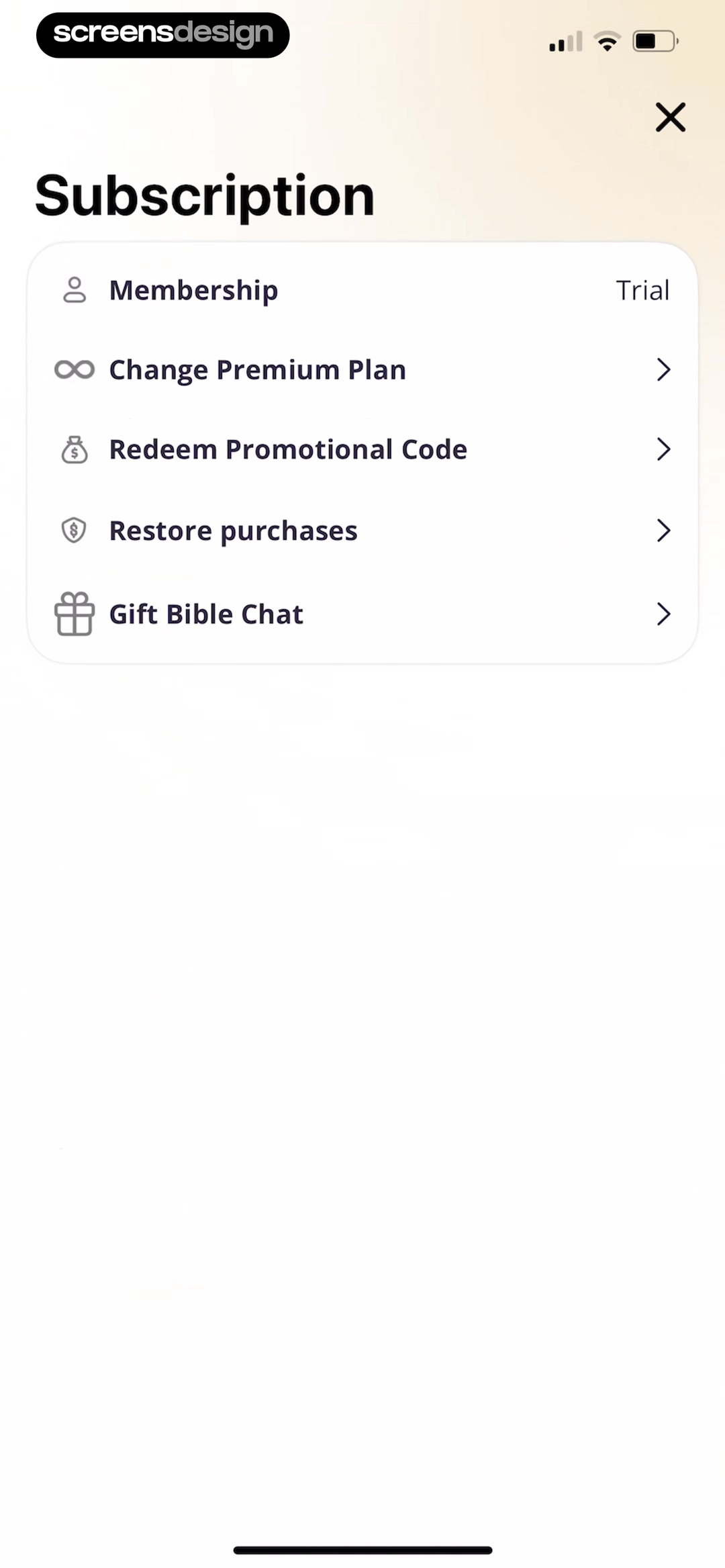 Bible Chat subscription settings with plan restore and gift controls
